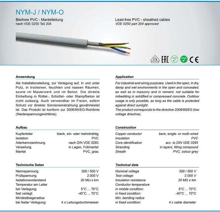 OKSI 50m NYM-J 5x1,5 mm² Mantelleitung Feuchtraumkabel Elektrokabel Kupfer Made in Germany 50 m NYM-