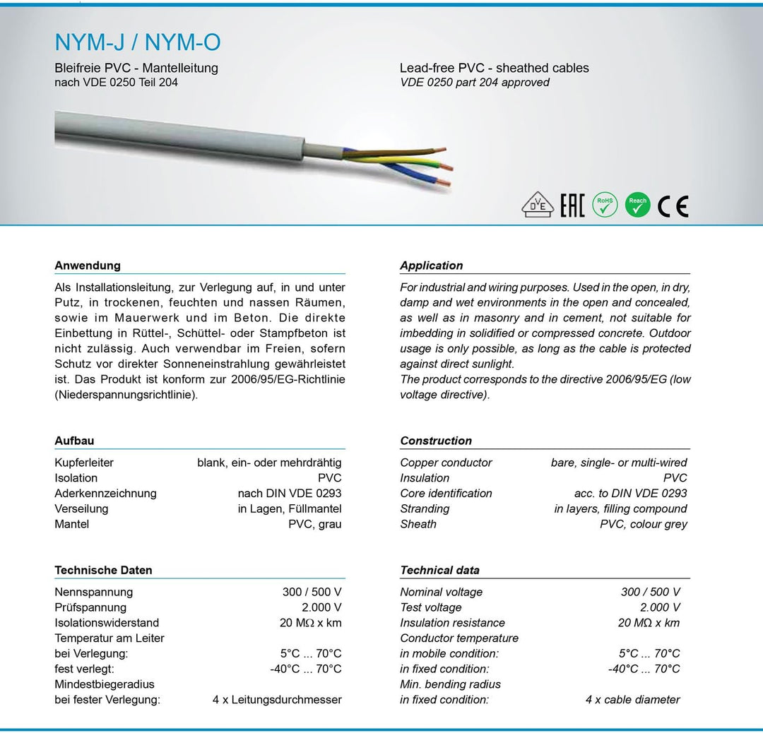 M&G Techno 25m NYM-J 5x6,0 mm² Mantelleitung Feuchtraumkabel Elektrokabel Kupfer Made in Germany NYM