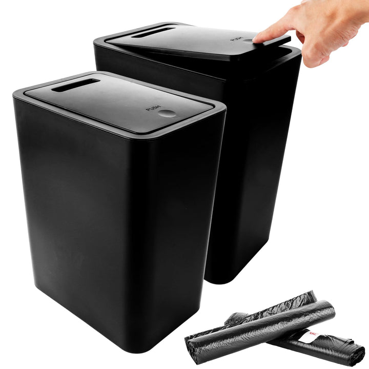 MIVIDE 2 Stück 12.5L Mülleimer Schwarz mit Pop-Up Deckel, Kunststoff für Küche Badezimmer Büro WC -