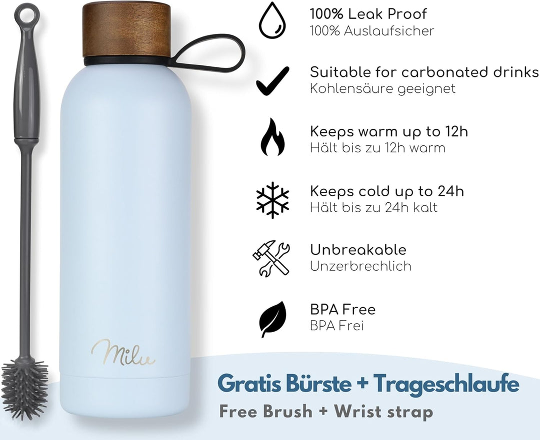 Milu Thermosflasche 500ml Isolierte Edelstahl Thermo Trinkflasche Thermoskanne Auslaufsichere Isolie