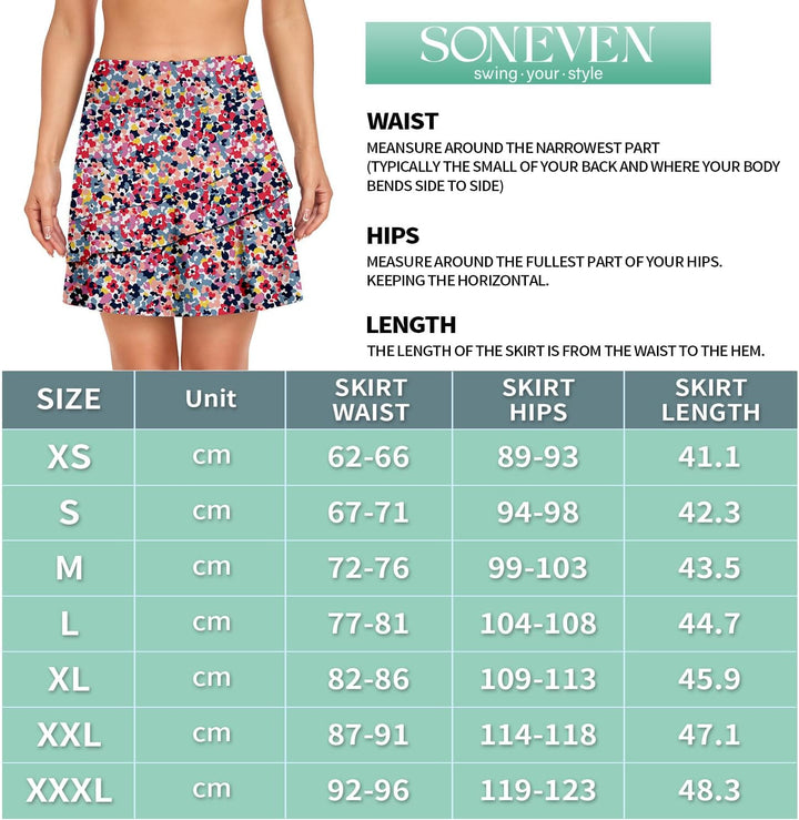 Soneven Hosenrock Damen Knielang Tennis Rock mit Hose Drunter Mädchen Pleated Wanderrock Sommer Spo