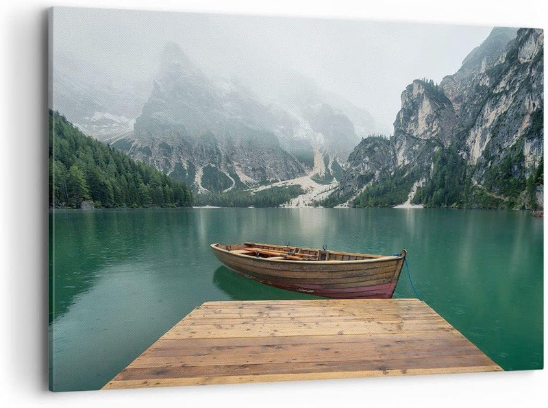 Bilder auf Leinwand 100x70cm Leinwandbild mit Rahmen Berge See Boot Gross Wanddeko Bild Schlafzimmer