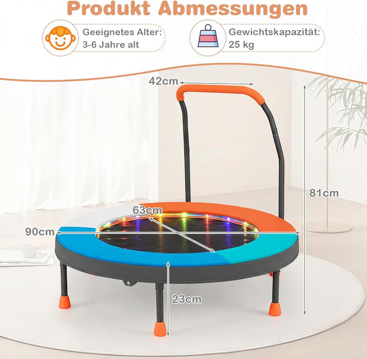 COSTWAY Ø90 cm Kinder Trampolin, Minitrampolin faltbar mit LED Beleuchtung, Fitness Trampolin Indoor
