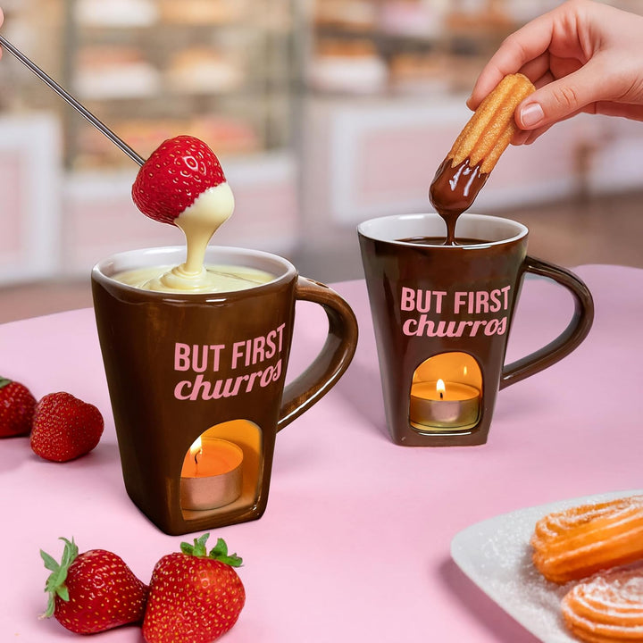 Fisura - Fondue Tasse für Schokolade und Käse, braune Keramiktasse 140 ml mit Gabel, originelle Gesc