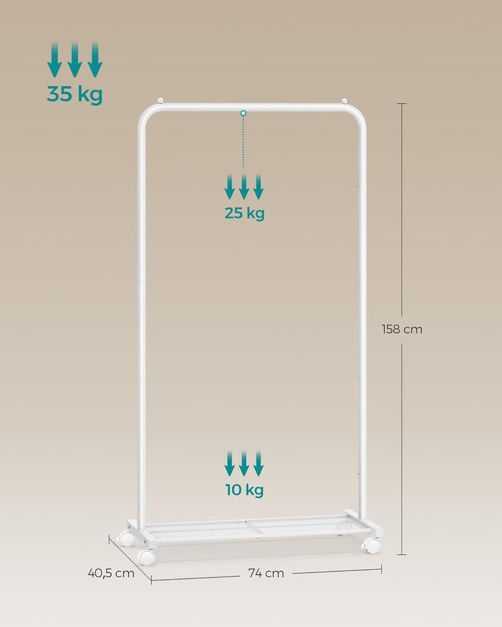 SONGMICS Kleiderständer, Kleiderstange auf Rollen, Garderobenständer 74 cm breit, Rollgarderobe mit