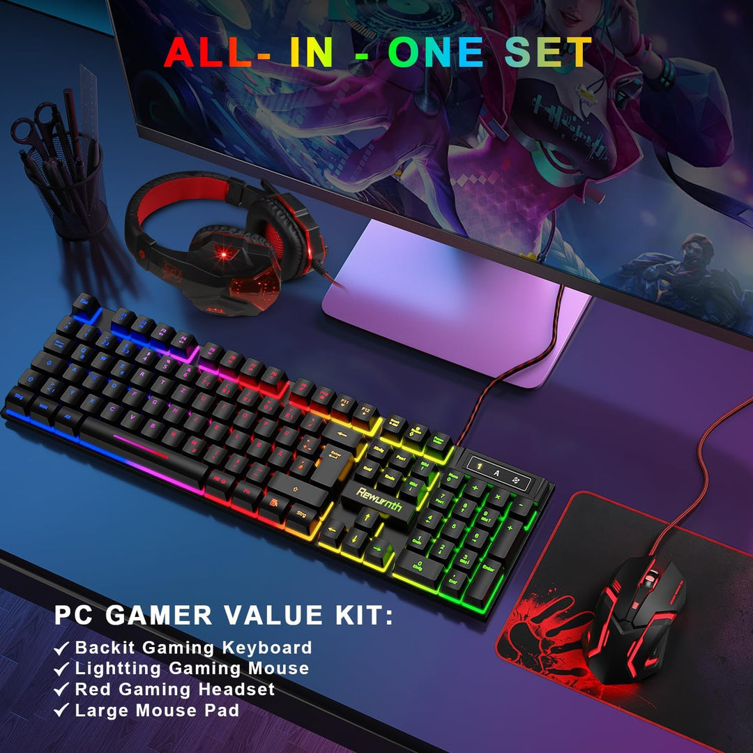 Gaming Tastatur und Maus Set mit Headset, QWERTZ DE Layout, RGB Beleuchtete Tastatur, 4 Farben LED G