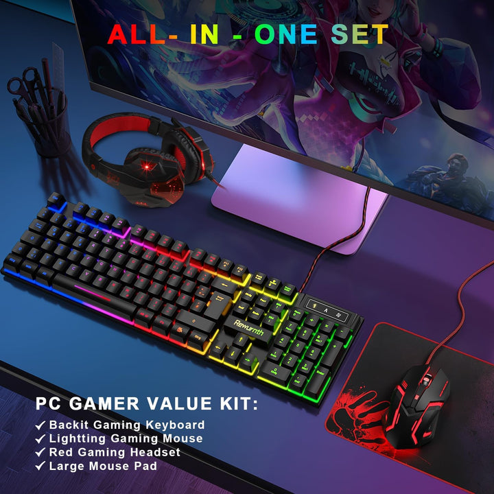 Gaming Tastatur und Maus Set mit Headset, QWERTZ DE Layout, RGB Beleuchtete Tastatur, 4 Farben LED G
