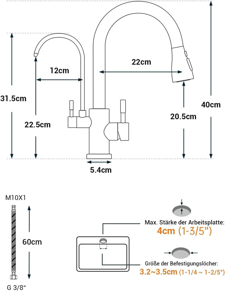 APPASO 3 Wege Wasserhahn Küche ohne Wasserfilter, 3 in 1 Mischbatterie Küche für Wasserfilter，Gebürs