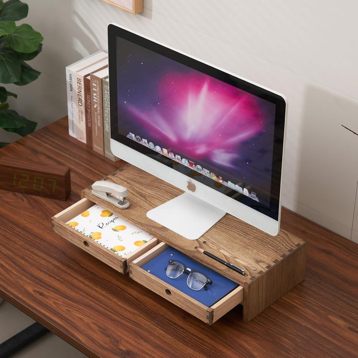 KIRIGEN hölzerner Monitorständer mit 2 Schubladen Computer Desktop Storage Organizer Lautsprecher TV