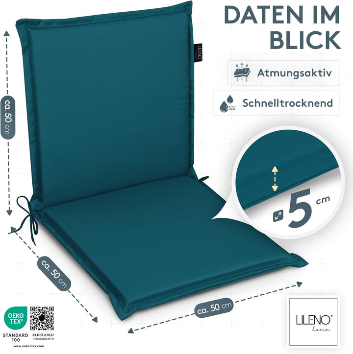 LILENO HOME Gartenstuhl Auflagen [4er Set - Niedriglehner] in Petrol - Bequeme Liegen als Sitzauflag