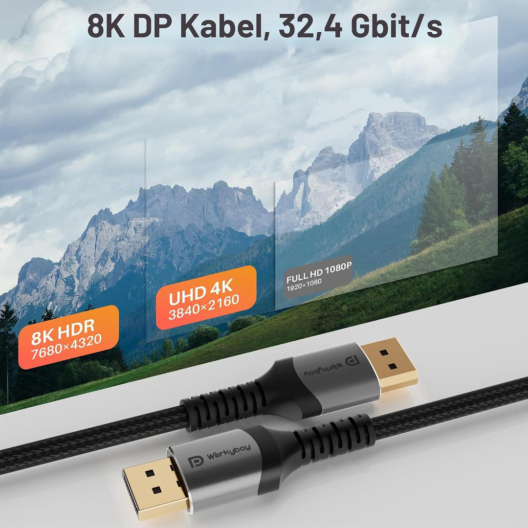 8K DisplayPort Kabel 7.5m,DP 1.4 Kabel， 32.4Gbps VESA-zertifiziert, Nylon gewebte Mantel, 8K@60Hz 4K