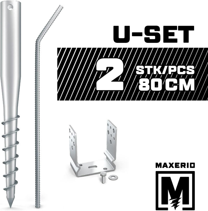 Maxerio 80 cm U-Set 2er Schraubfundamente inkl. 81 mm Pfostenträger; Ø 60 x 2; M12 2er U-Set 8cm, 2e