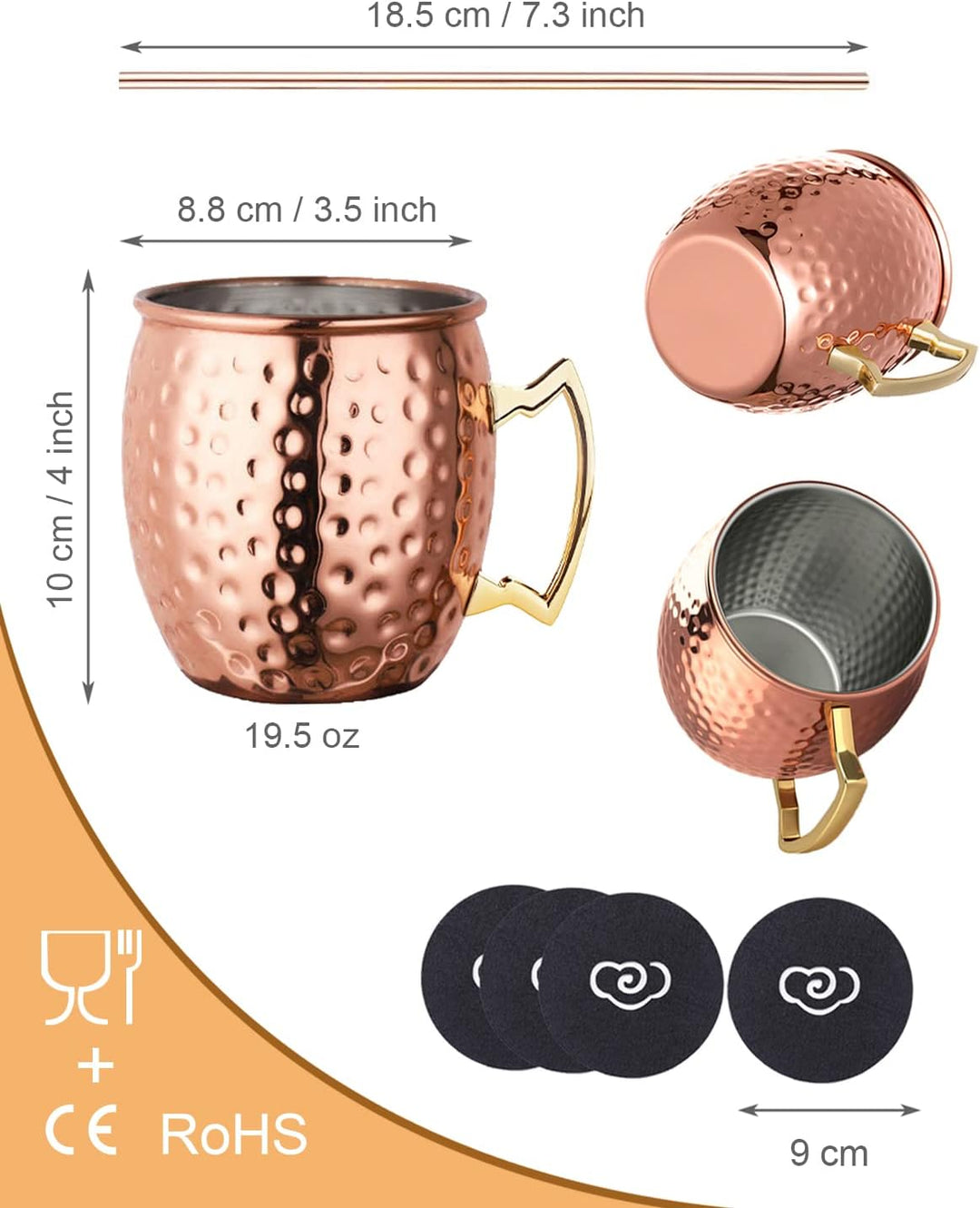 LIVEHITOP 4 Stück Moscow Mule Kupfer Becher Set, 19.5 Oz Handgemacht Cocktail Tasse for Kaltes Geträ