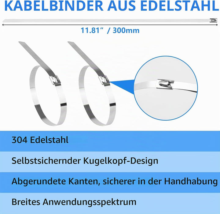 200 Stück Edelstahl Kabelbinder und Kabelbinderzange Kabelbinder Metall Lochband Edelstahl 4,6 x 300