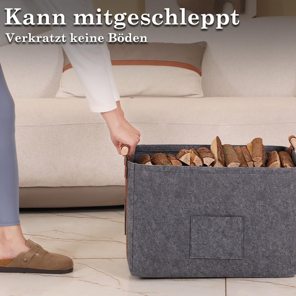 Pynhoklm® Kaminholzkorb 60L Holzkorb für Kaminholz 4mm dicker Filzkorb Brennholzkorb Kaminkorb mit H
