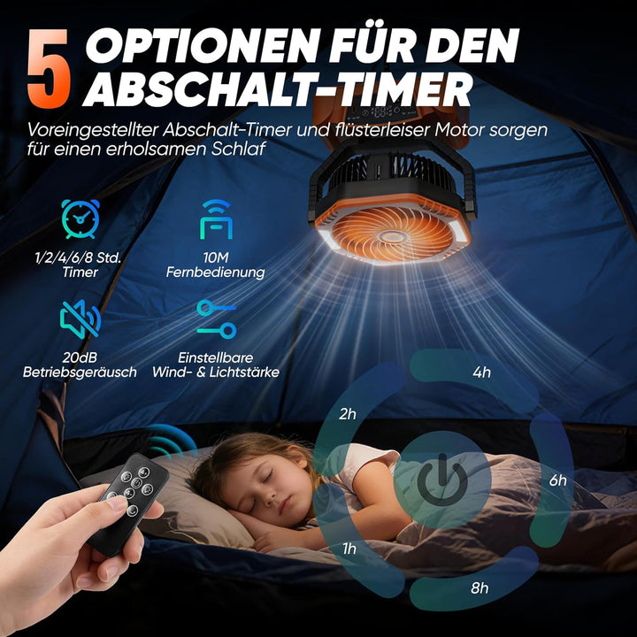 Camping Ventilator mit 24000mAh Akku Wiederaufladbar, HD Digitalanzeige |USB| LED-Licht| Timer, 6 Ge