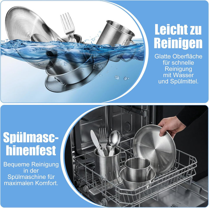Campingbesteck Set für 2 Personen - Camping Geschirr Set mit Edelstahl Faltbares Klappbesteck & Etui