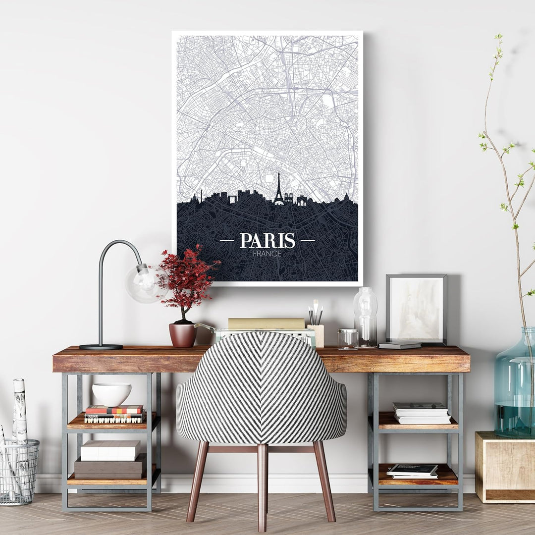 wandmotiv24 Stadt Karte als Leinwandbild, 100x75cm, Hochformat, Paris, Frankreich, Skyline, Silhouet
