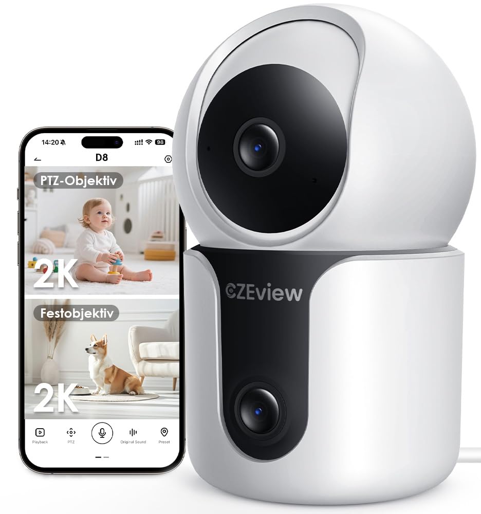 Überwachungskamera Innen mit 2K+2K Dual-Linsen, Nachtsicht, 2,4 & 5Ghz WLAN Kamera Überwachung Innen