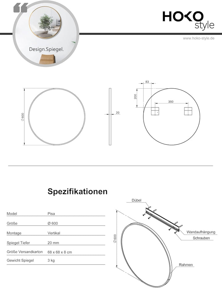 HOKO® Badspiegel 60cm, mit Gold Rahmen 60cm rund Gold, 60cm rund Gold