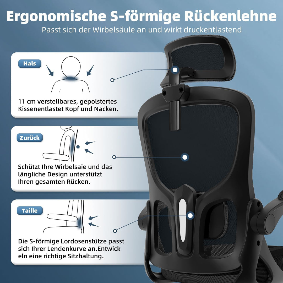 Bürostuhl, Schreibtischsessel mit Kopfstütze und Weiche Lordosenstütze, Bürostuhl ergonomisch Wippfu