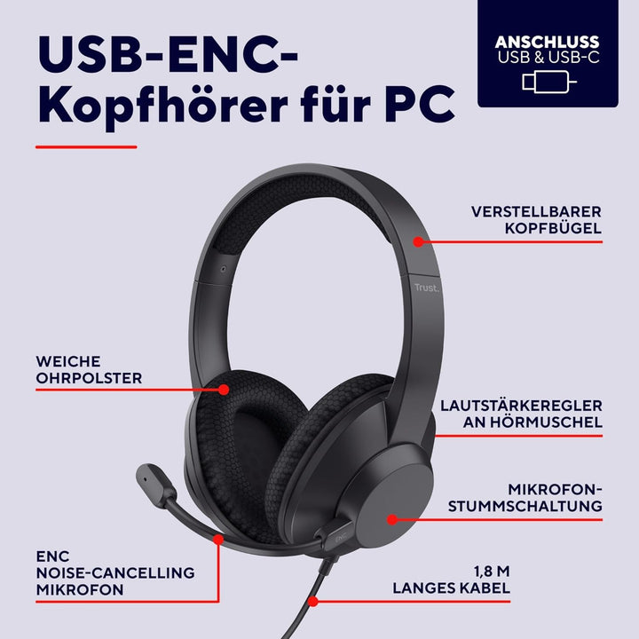Trust Ayda Max USB Headset mit Mikrofon Over-Ear, Noise Cancelling ENC Mikrofon, Kopfhörer mit Kabel