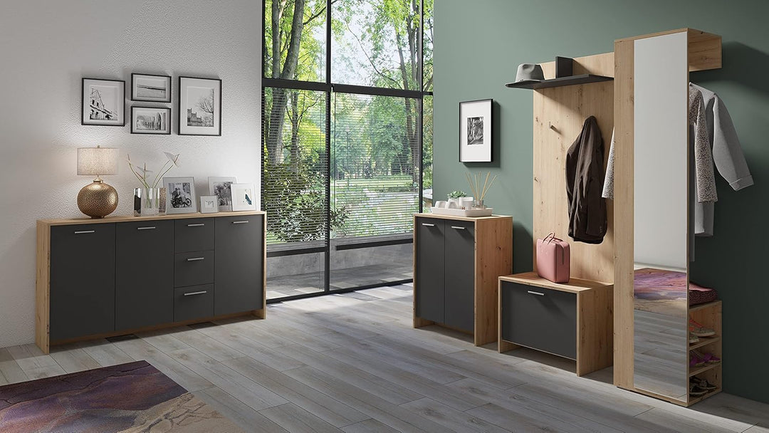 byLIVING Sitzbank Ben/Schuhschrank in Artisan Eiche-Optik Hellbraun/Front anthrazit/kleine Flur-Komm