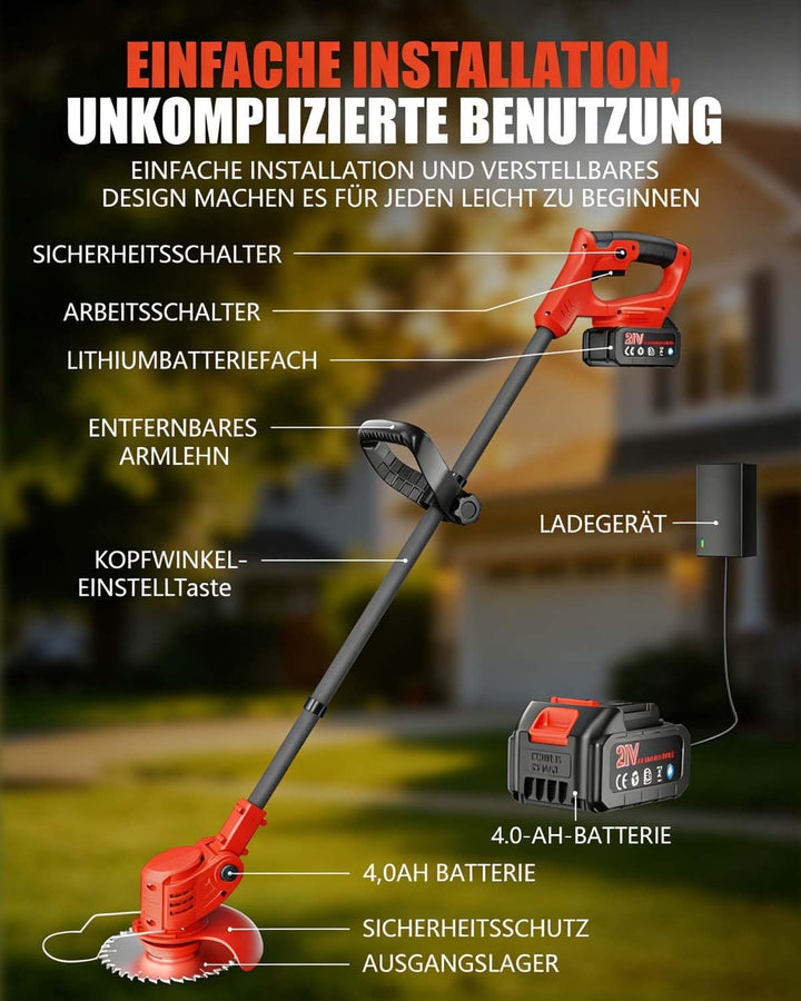 Rasentrimmer mit Akku, 850W Klappbarer Akku Freischneider mit 2X4.0AH Batterien, Akku Rasentrimmer &