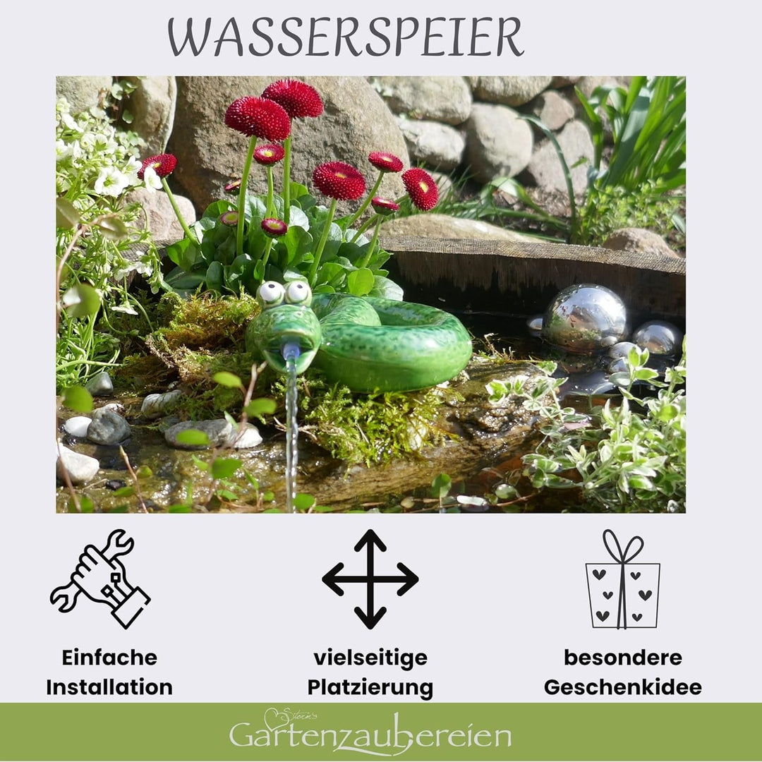 Storm's Gartenzaubereien Wasserspeier Schlange - grün aus Keramik mit Solarpumpe für Teich und Minit