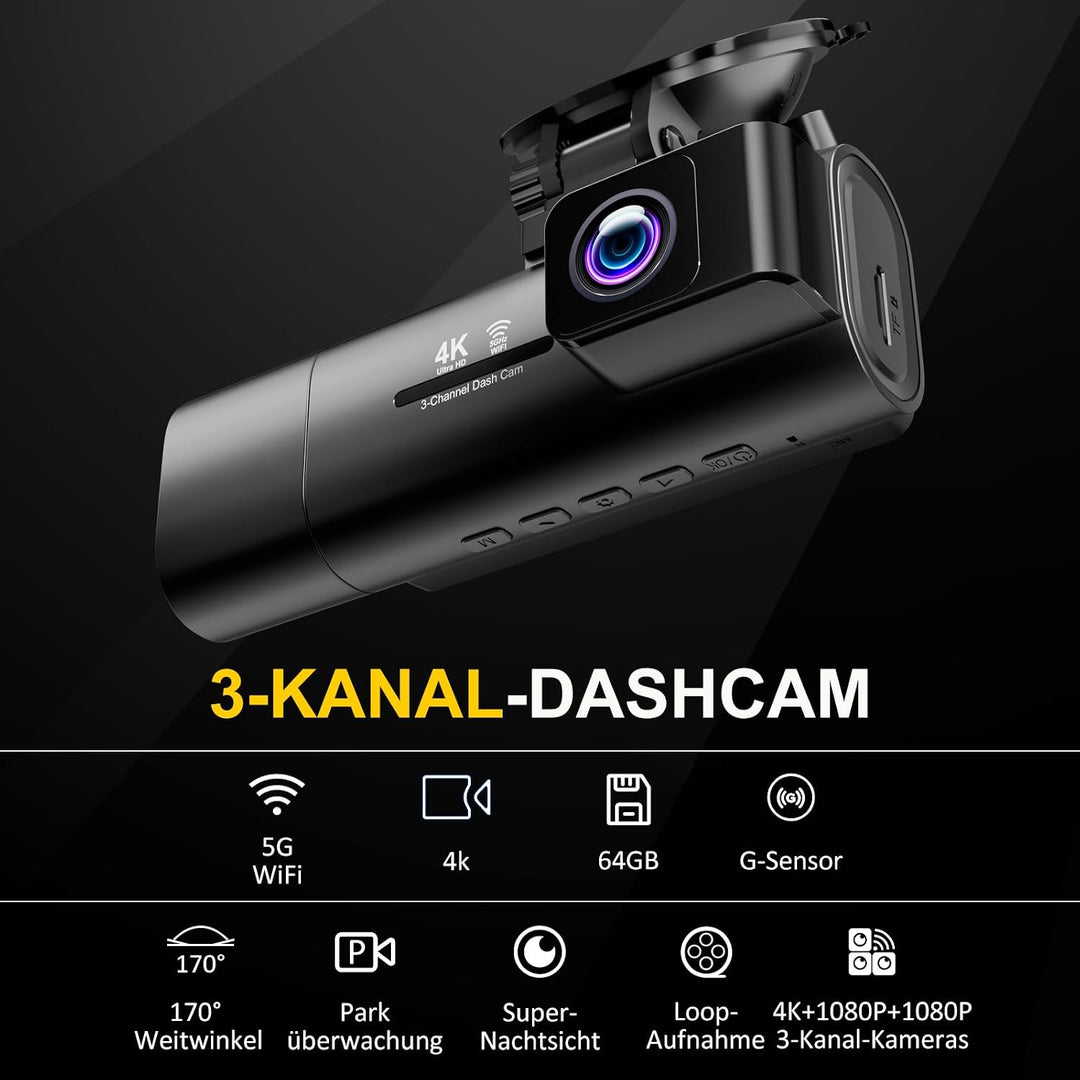 3-Kanal Dashcam Auto 4K+1080P+1080P Vorne Innen Hinten, 3,16" IPS Bildschirm, 5G WLAN mit 64GB SD-Ka