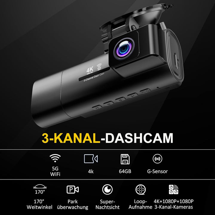 3-Kanal Dashcam Auto 4K+1080P+1080P Vorne Innen Hinten, 3,16" IPS Bildschirm, 5G WLAN mit 64GB SD-Ka