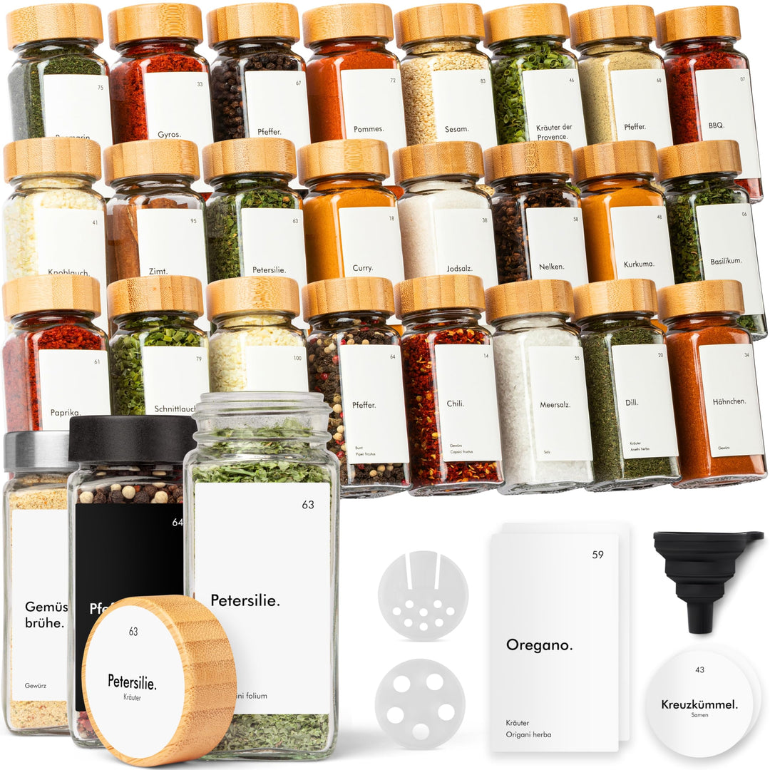 KIVY Gewürzgläser mit Streueinsatz [24x 120ml] + 240 Wasserfeste Label - Gewürzgläser eckig - Gewürz