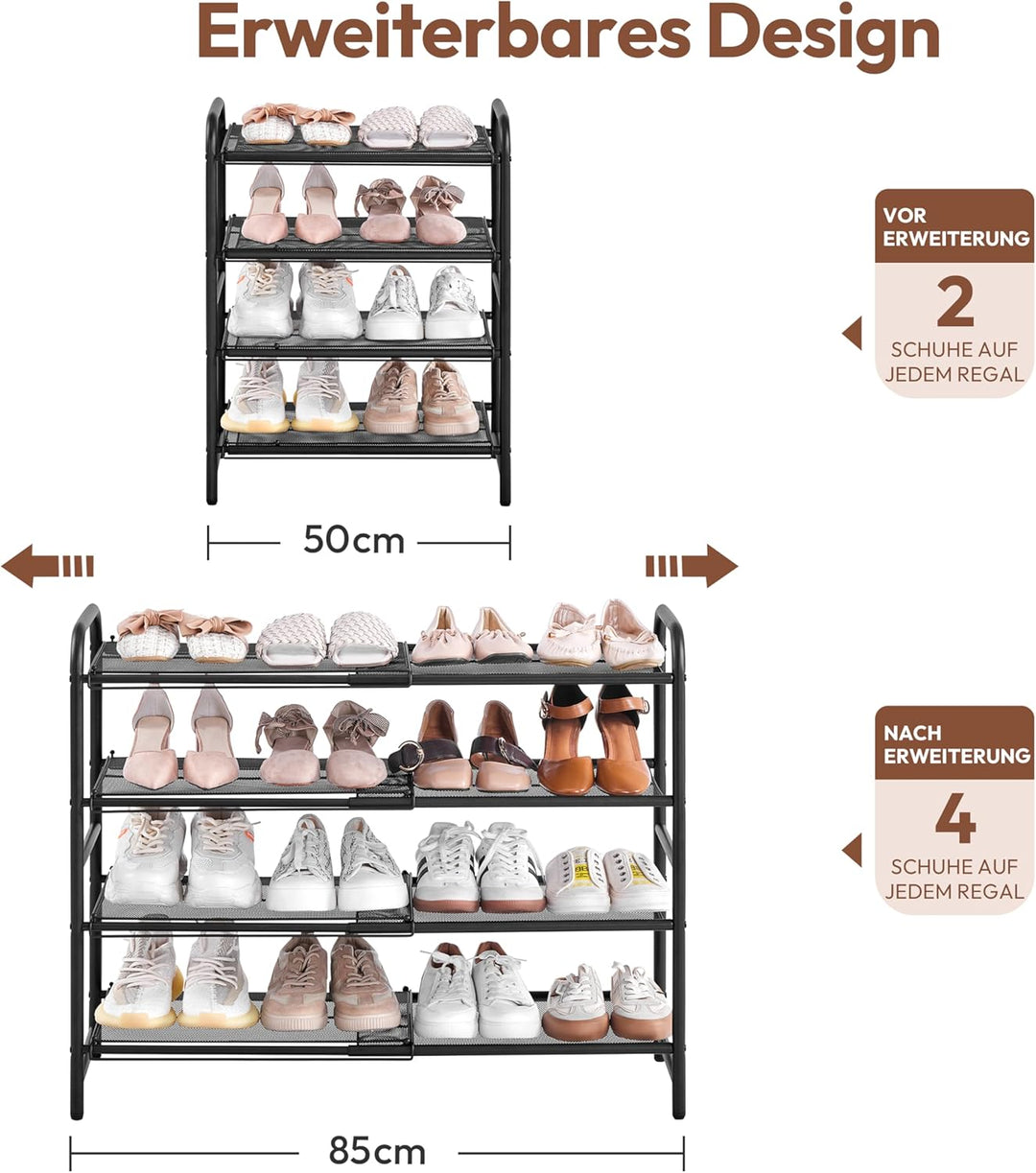 Yaheetech Erweiterbares Schuhregal aus Metallgeflecht, 4 Ebenen Verstellbarer Schuhständer, 50 bis 8