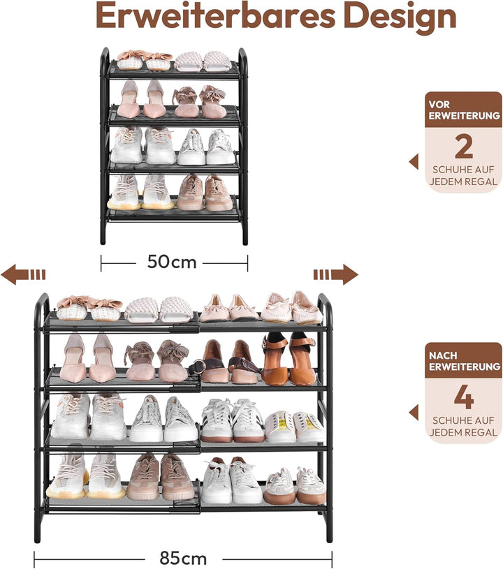 Yaheetech Erweiterbares Schuhregal aus Metallgeflecht, 4 Ebenen Verstellbarer Schuhständer, 50 bis 8