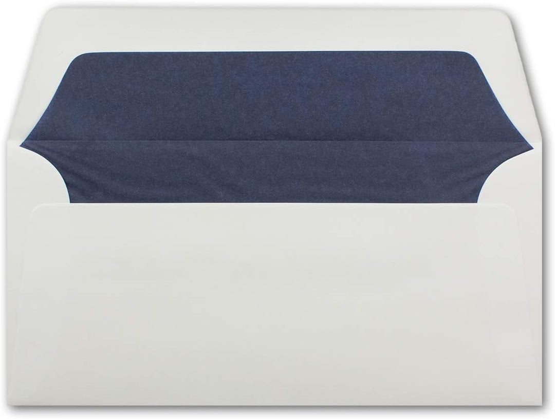 75 Briefumschläge Weiss - DIN Lang - gefüttert mit dunkelblauem Seidenpapier - 22 x 11 cm - Nasskleb