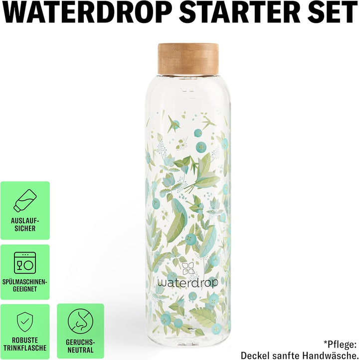 waterdrop® Starter Set Glass – Trinkflasche – 18 zuckerfrei Getränkewürfel zum Auflösen – 6 fruchtig