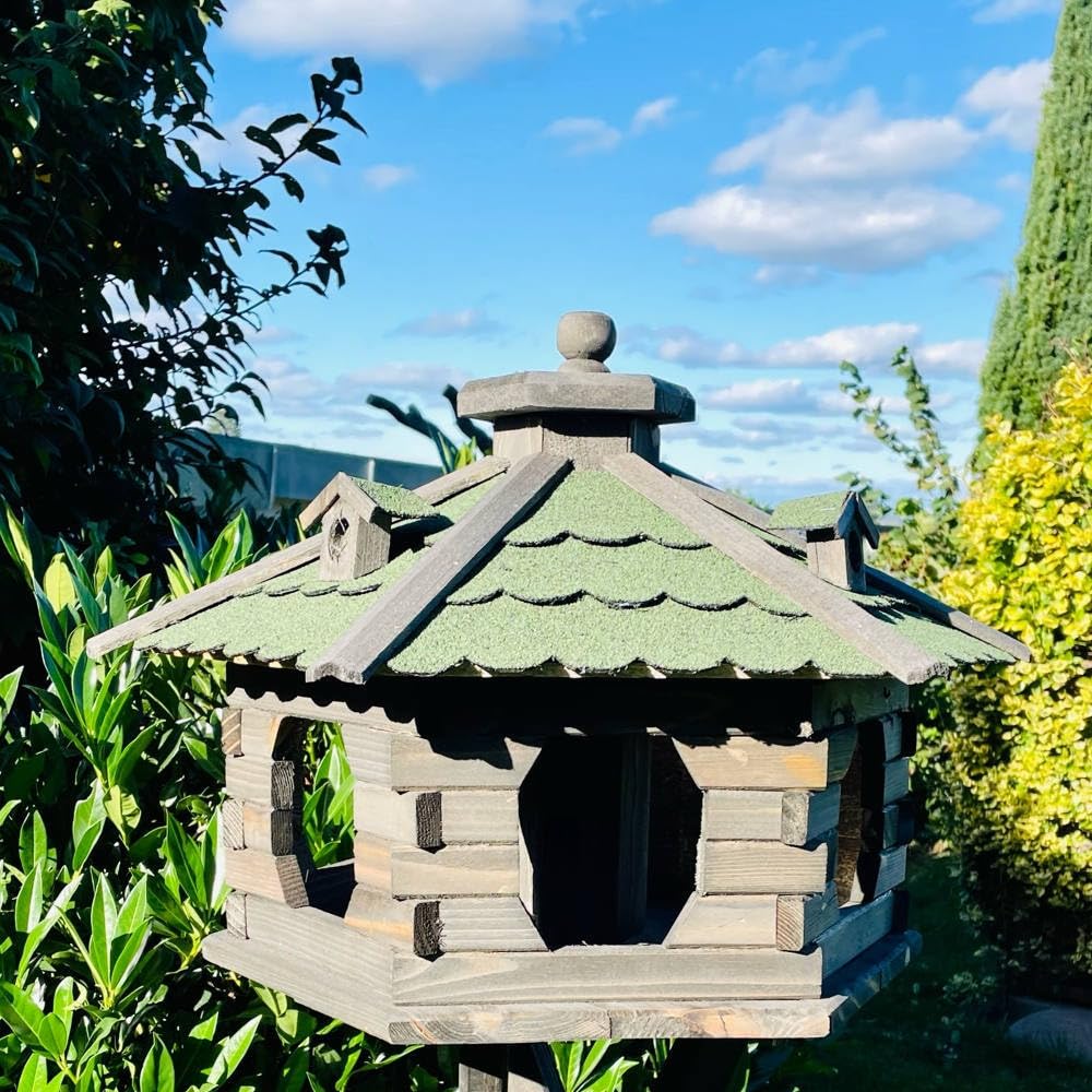 Vogelfutterhaus XL Sechseck Vogelhaus + Ständer Futterstelle Braun/Grün XL ohne Ständer Dunkelbraun