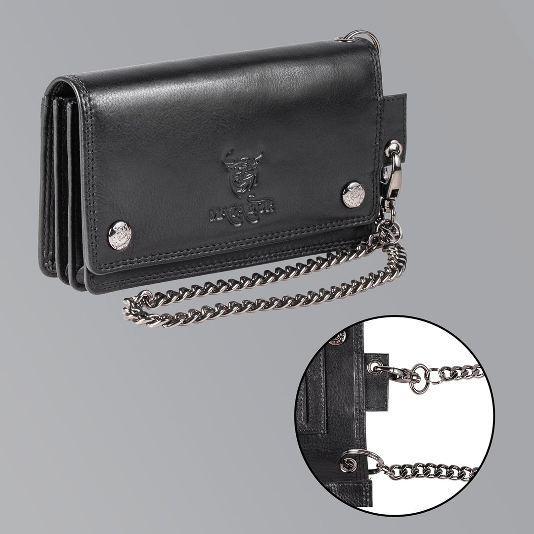 MATADOR Leder Biker Geldbörse mit Kette Bikerbörse Herren Bikergeldbörse RFID & NFC Schutz Schwarz,