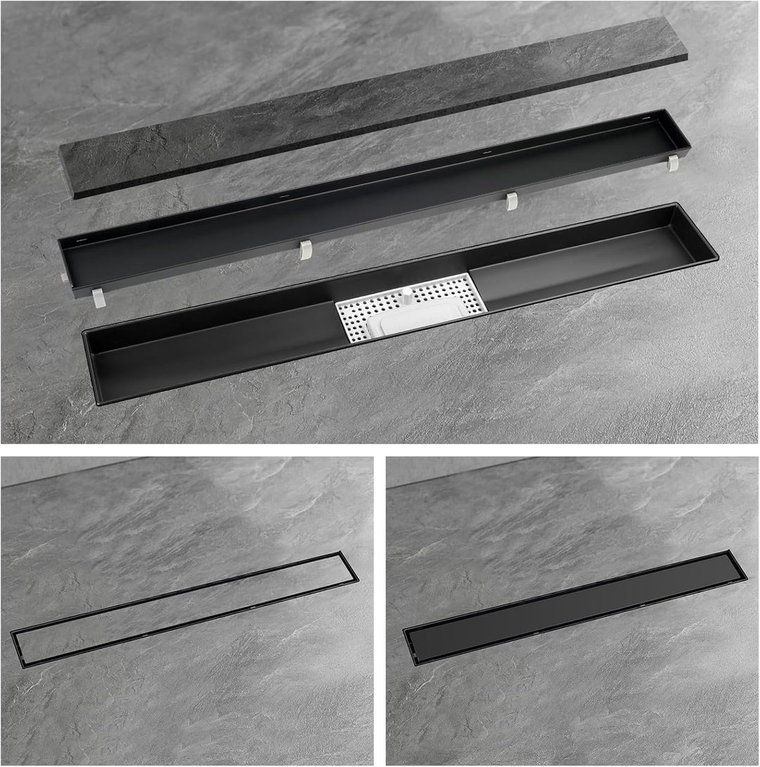 Duschrinne schwarz 80cm Edelstahl Bodenablauf 2-in-1 doppelseitig, Flieseneinsatz Ablaufrinne,schnel