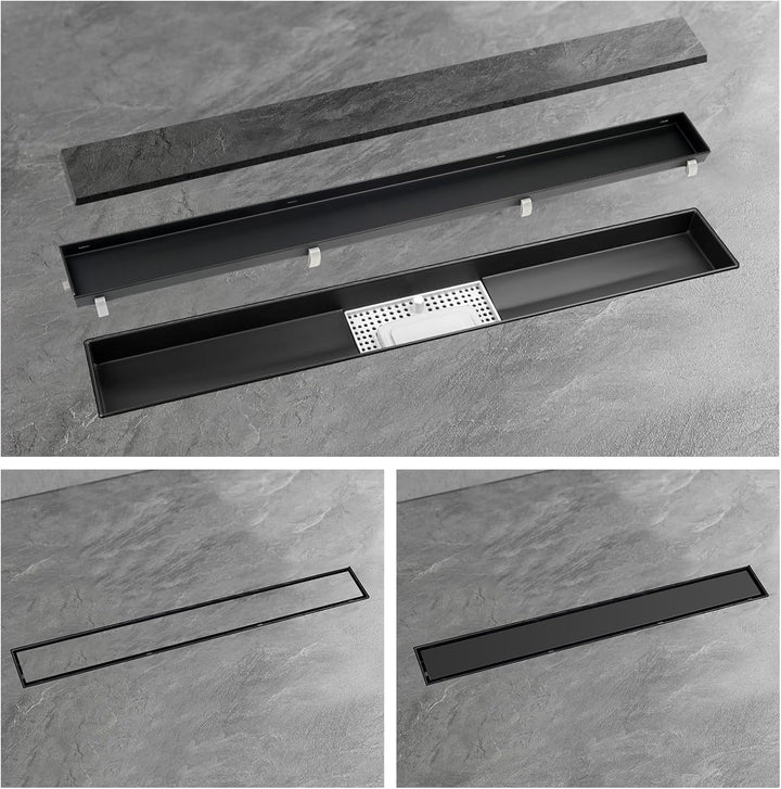 Duschrinne schwarz 80cm Edelstahl Bodenablauf 2-in-1 doppelseitig, Flieseneinsatz Ablaufrinne,schnel