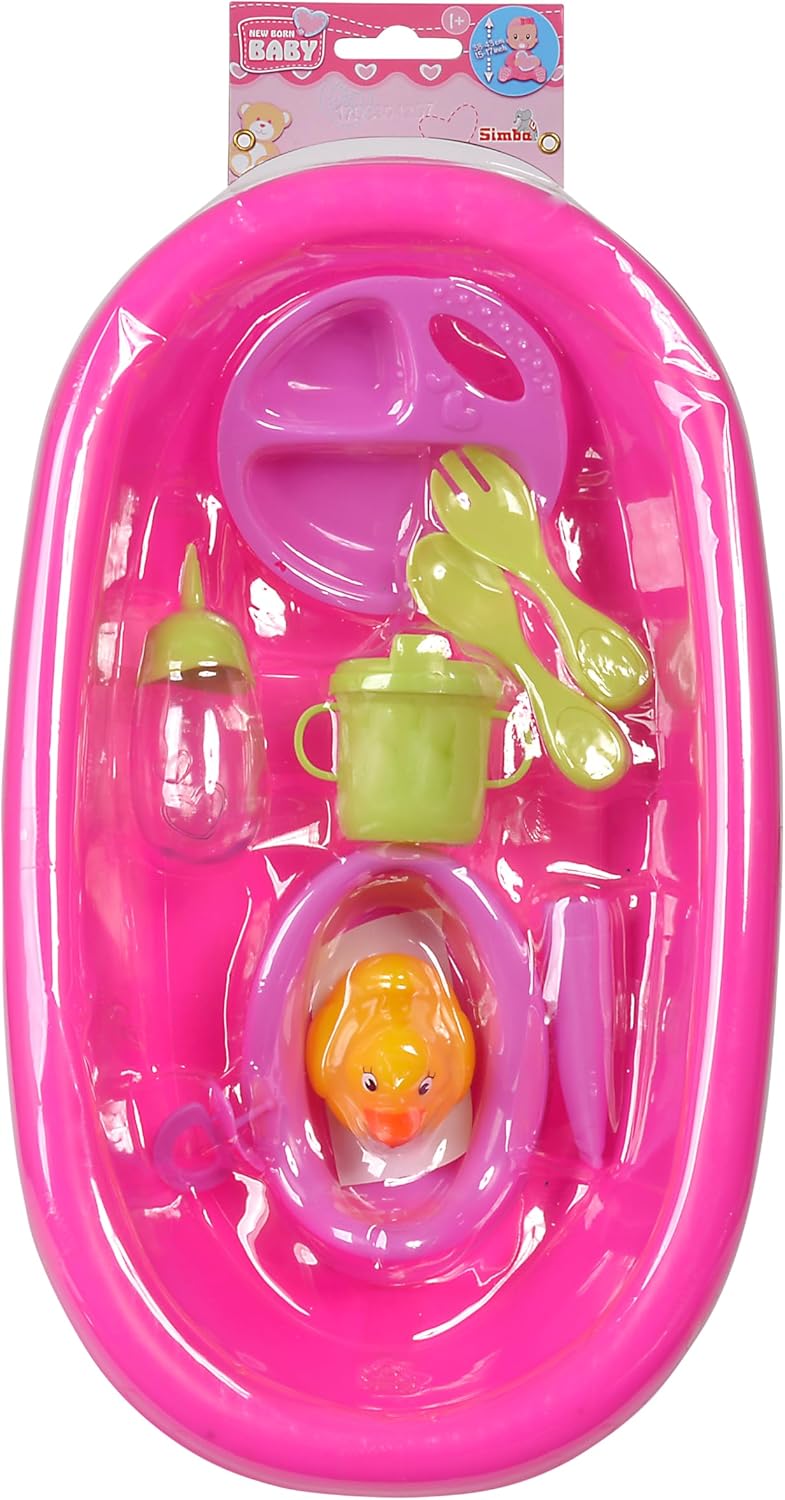 Simba 105562128 - New Born Baby Puppenbadewanne, 2-Fach Sortiert, Badewanne mit Töpfchen, Ente, Flas