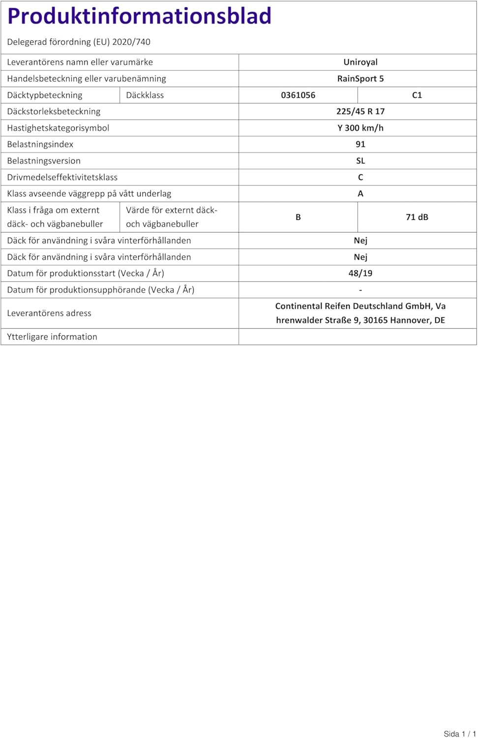 Uniroyal RainSport 5 - 225/45 R17 91Y FR - C/A/71 - Sommerreifen (PKW) 225/45R17 91Y - FR, 225/45R17