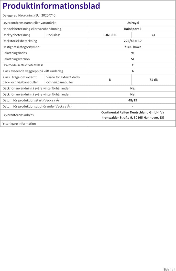 Uniroyal RainSport 5 - 225/45 R17 91Y FR - C/A/71 - Sommerreifen (PKW) 225/45R17 91Y - FR, 225/45R17