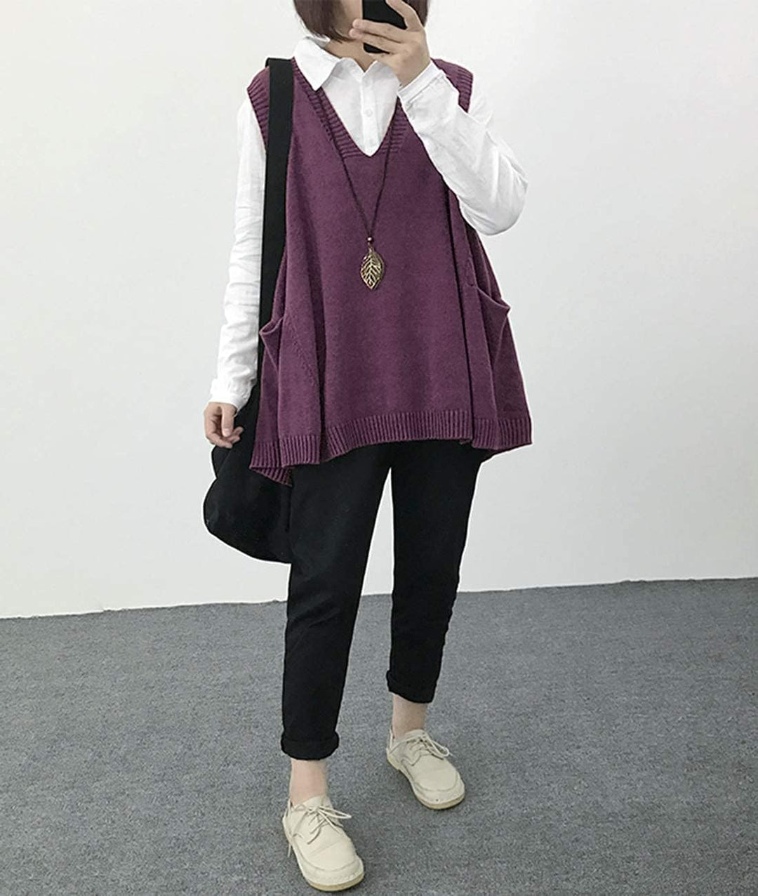 Janein Damen Pullunder ärmellos V Ausschnitt Stricken Weste Oversize Strickweste Beheizbare Tank Top