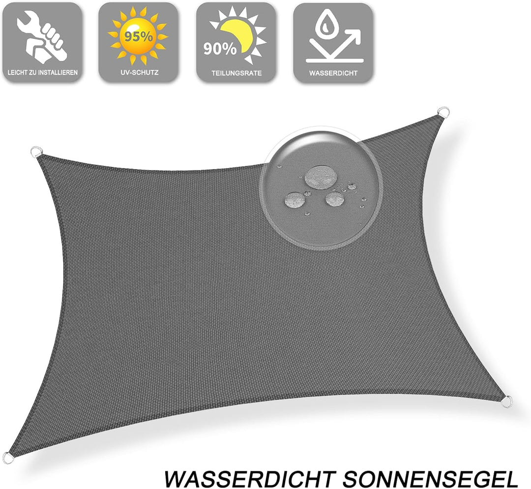 Sunnylaxx 2x4m Sonnensegel Rechteckig, Wasserdicht Sonnenschutz Sunsegel Color Anthrazit, 95% UV-Sch
