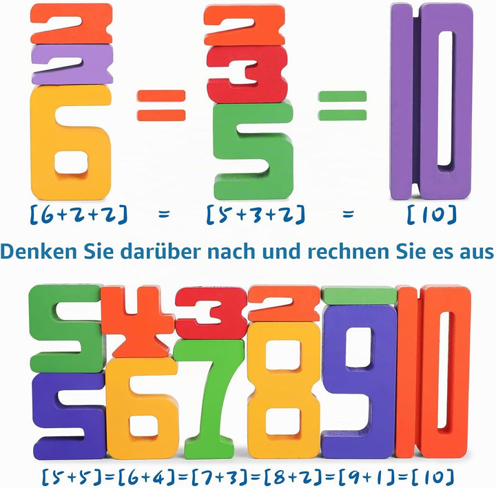 Holz Zahlbausteine, Grosse Ziffernblöcke 1-10, 30 Stück Mathebausteine Zahlenspiele für Kinder, Bild