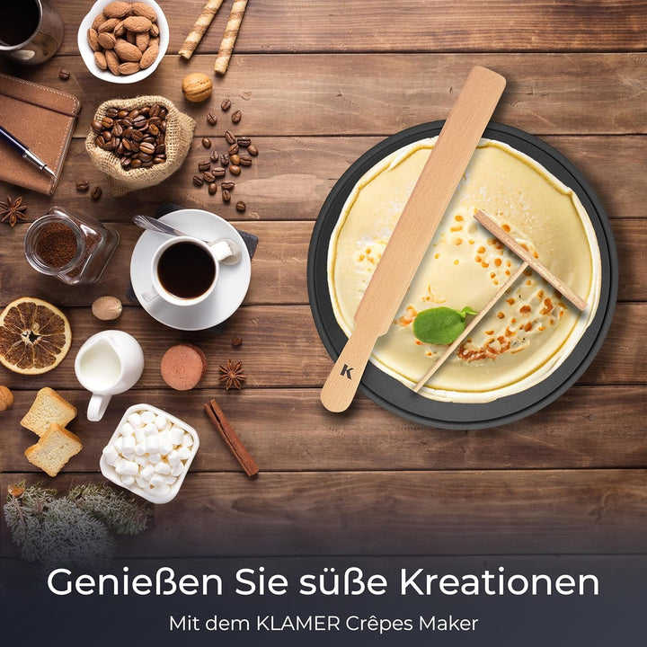 KLAMER Crepes Maker, Grosse Backfläche mit 33cm Ø, antihaftbeschichtete Platte, inkl. Teigverteiler