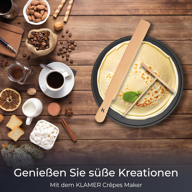 KLAMER Crepes Maker, Grosse Backfläche mit 33cm Ø, antihaftbeschichtete Platte, inkl. Teigverteiler