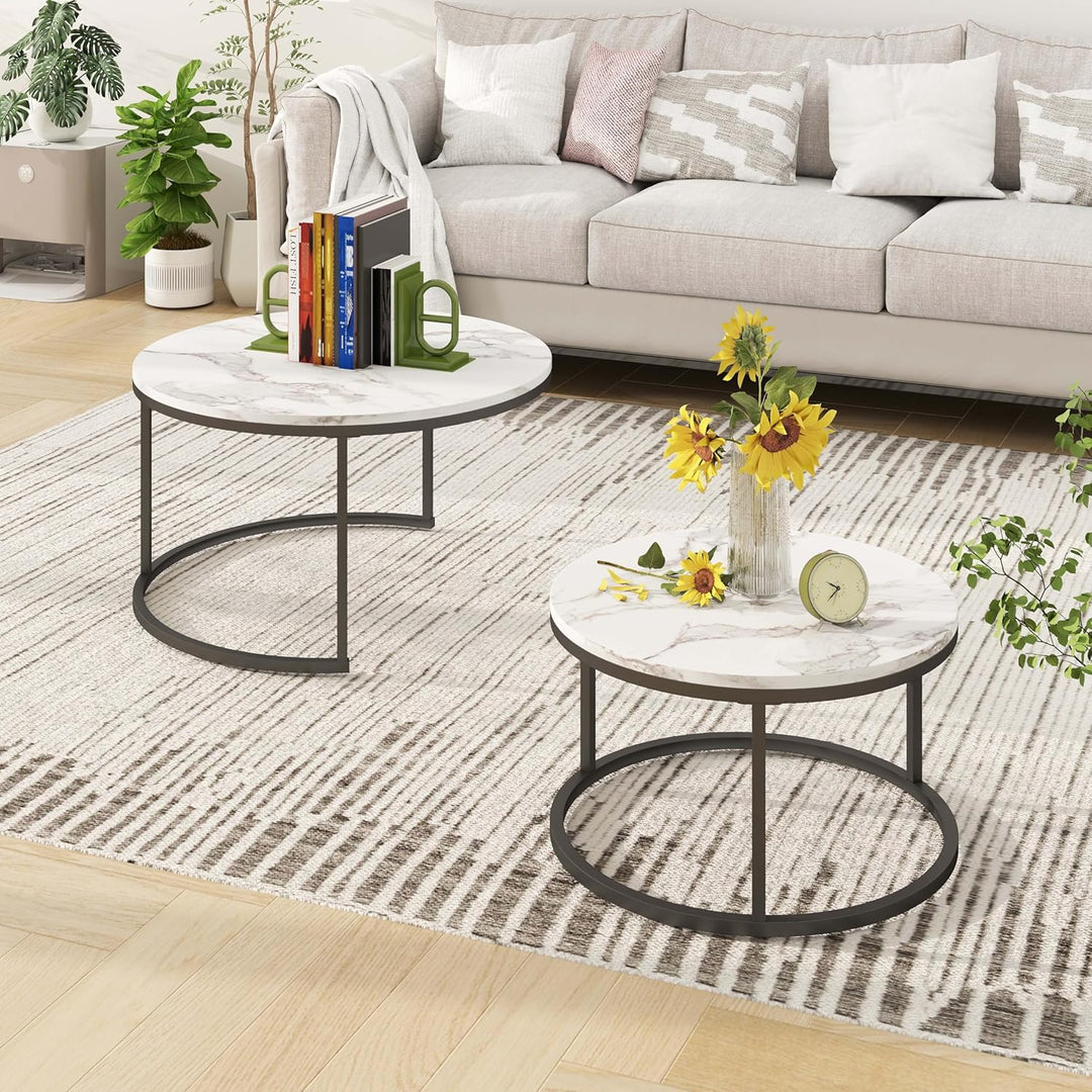 Couchtisch Schwarz, Couchtisch 2er Set mit 1 Grosser Couchtisch Rund und 1 Kleiner Tisch, Beistellti