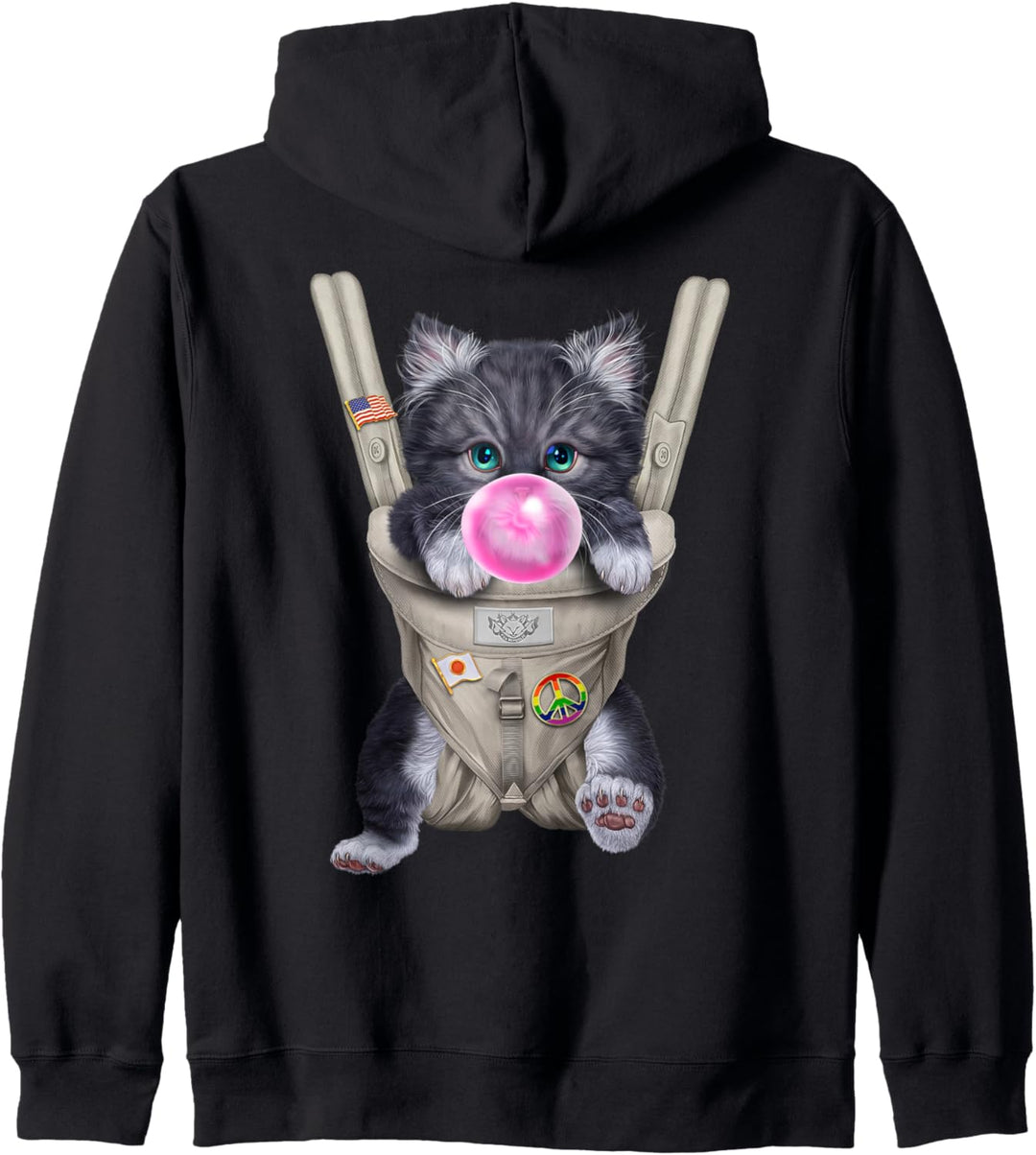 Graue Katze mit Kaugummi in der Babytrage Kapuzenjacke